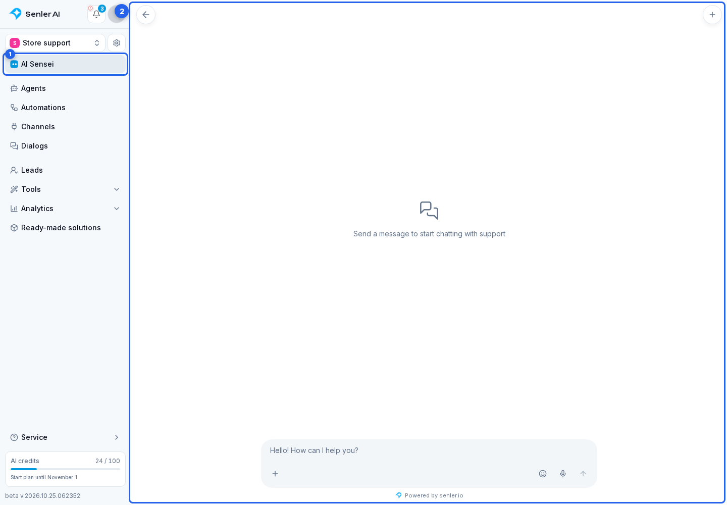 AI-Sensey. Highlighted elements: 1. AI-Sensey item in the side menu; 2. full-page chat inside the current project