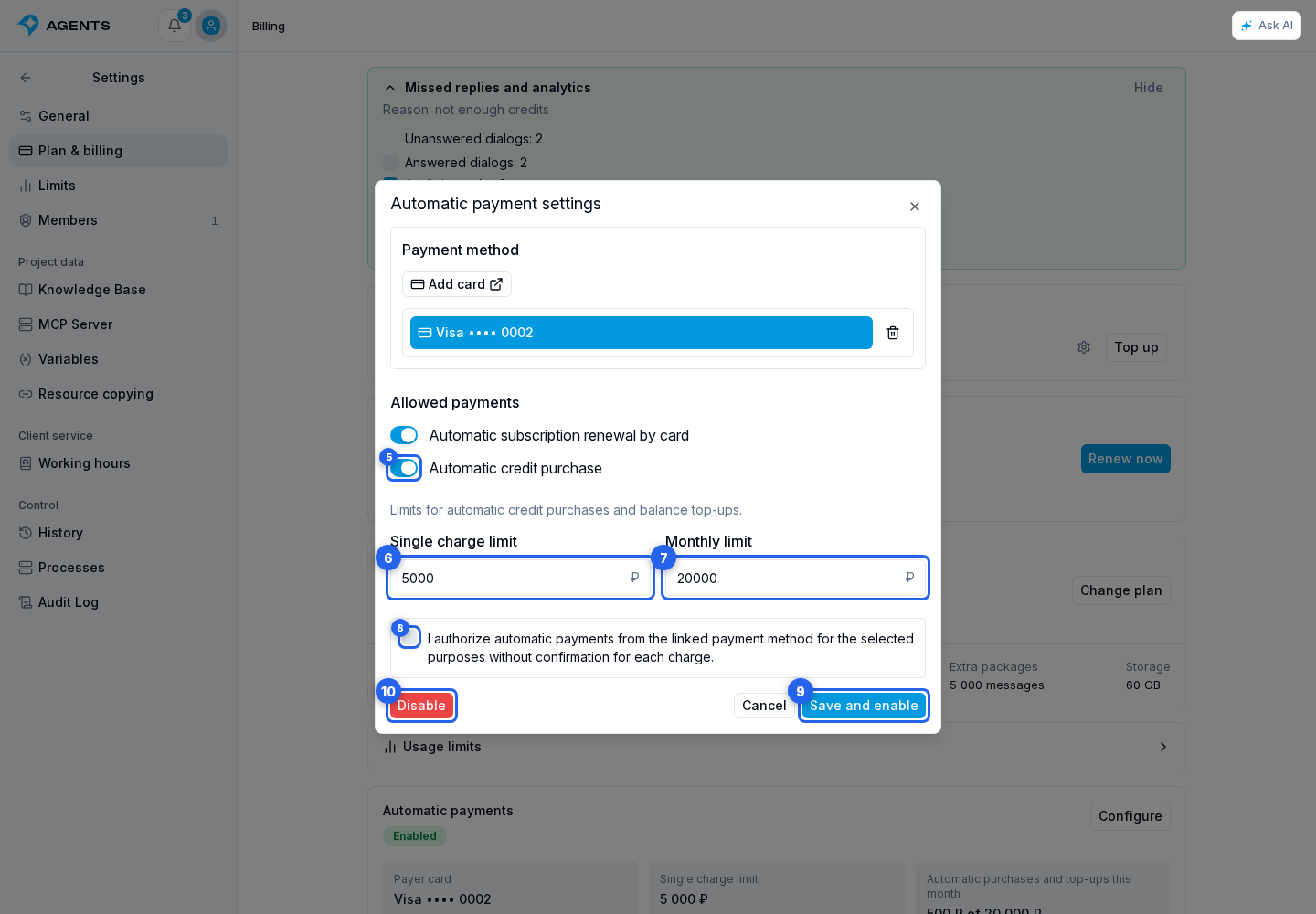 Automatic payments. Highlighted elements: 5. Automatic credit purchase; 6. Single charge limit; 7. Monthly limit; 8. consent to charges without confirming each payment; 9. Save and enable; 10. Disable