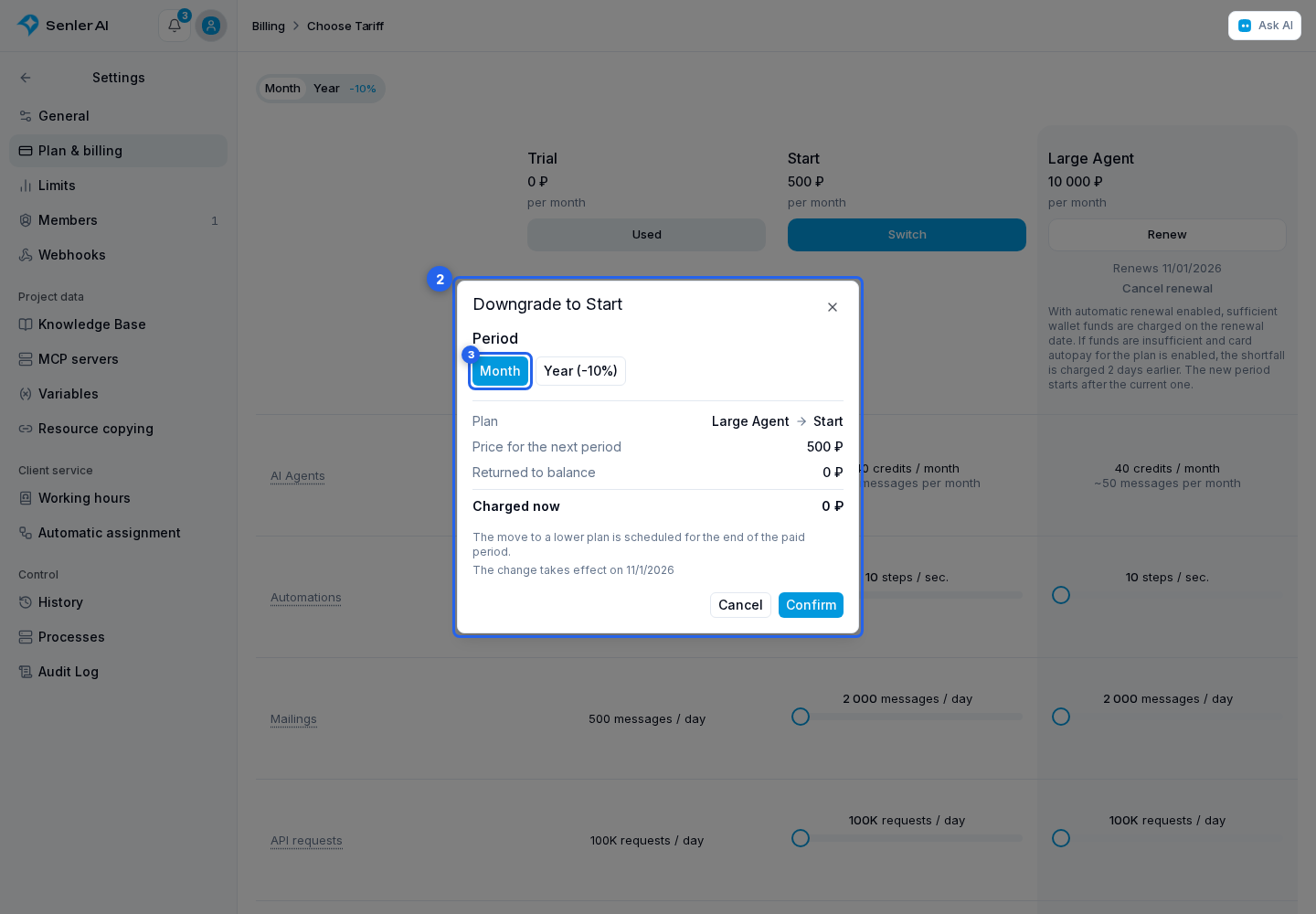 Plans. Highlighted elements: 2. subscription checkout dialog; 3. monthly or annual period