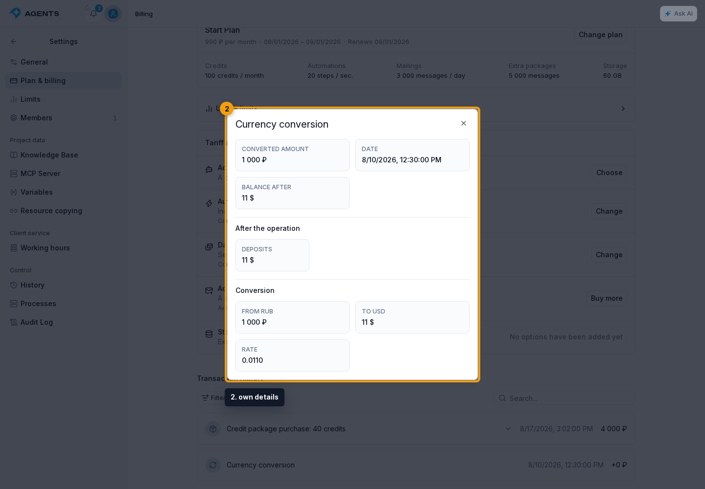 Transaction history. 2. own details