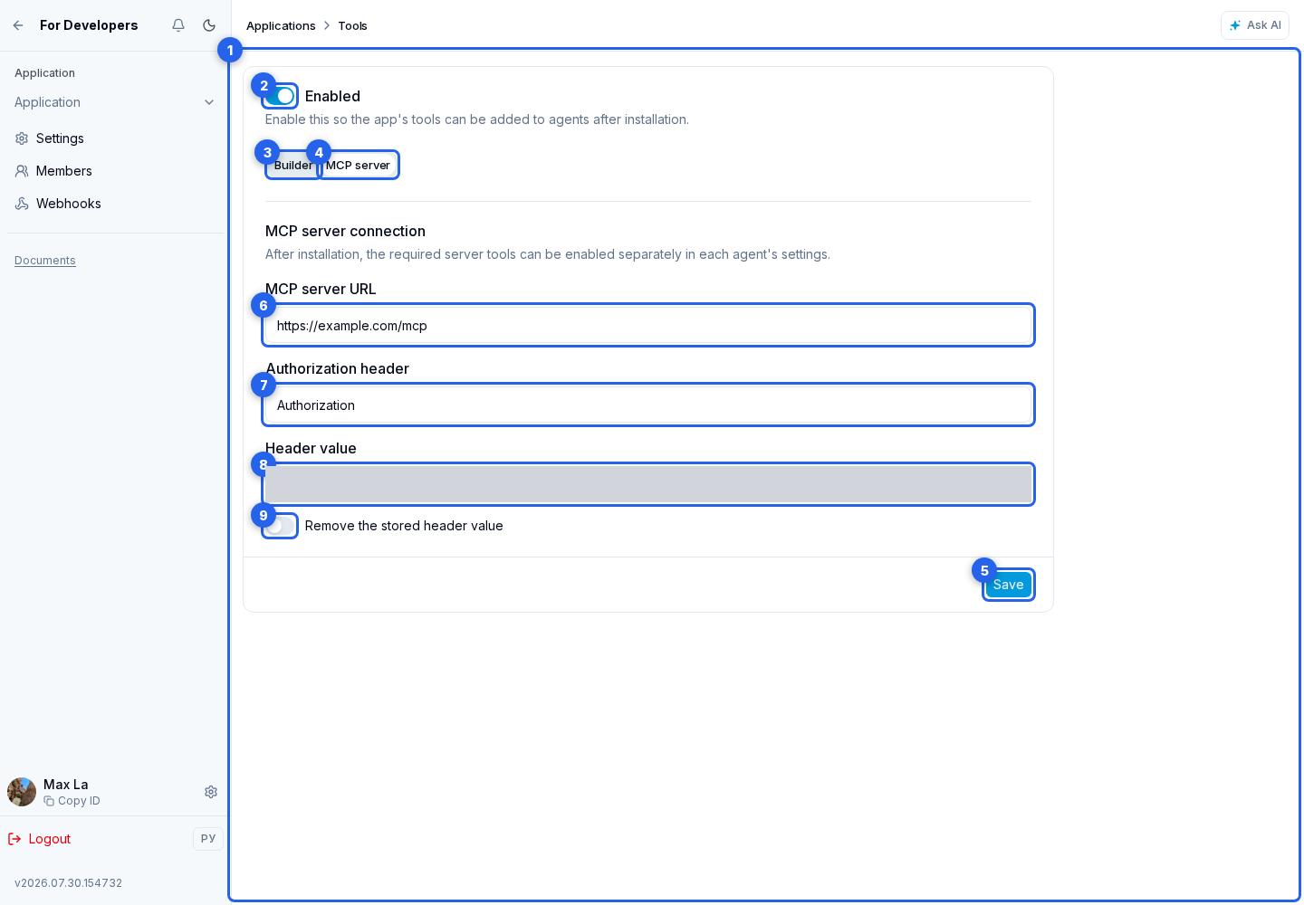 Agent tools. Highlighted elements: 1. Tools section; 2. main switch; 3. Builder; 4. MCP server; 5. Save; 6. server URL; 7. header name; 8. value; 9. mark the saved value for removal