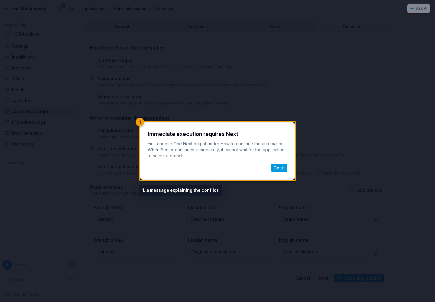Automation Steps. 1. a message explaining the conflict