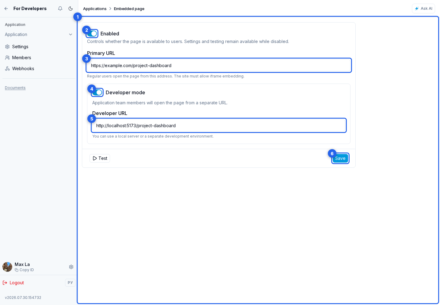Embedded page. Highlighted elements: 1. Embedded page section; 2. availability switch; 3. Main URL; 4. Developer mode; 5. developer URL; 6. save action