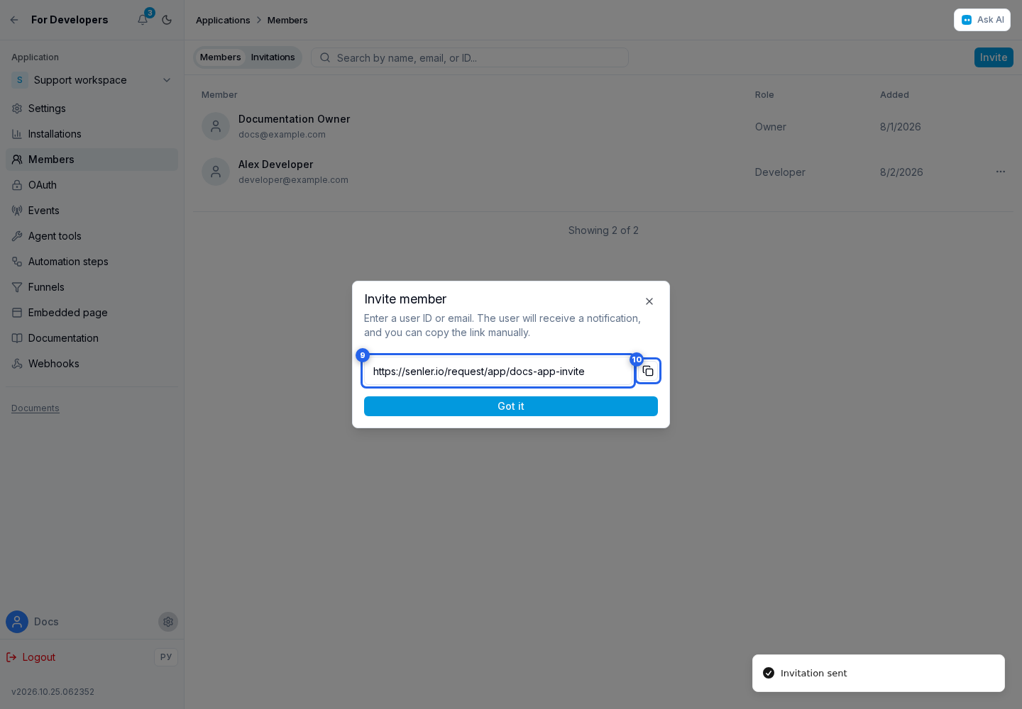 How to invite a member. Highlighted elements: 9. invitation link; 10. copy button