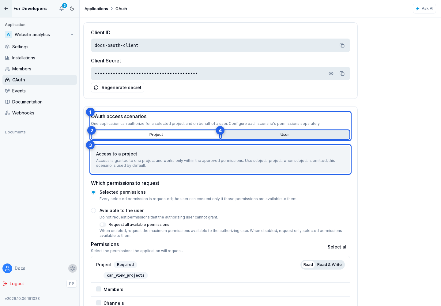 OAuth Permissions. Highlighted elements: 1. OAuth access scenarios; 2. Project access; 3. project policy; 4. User access