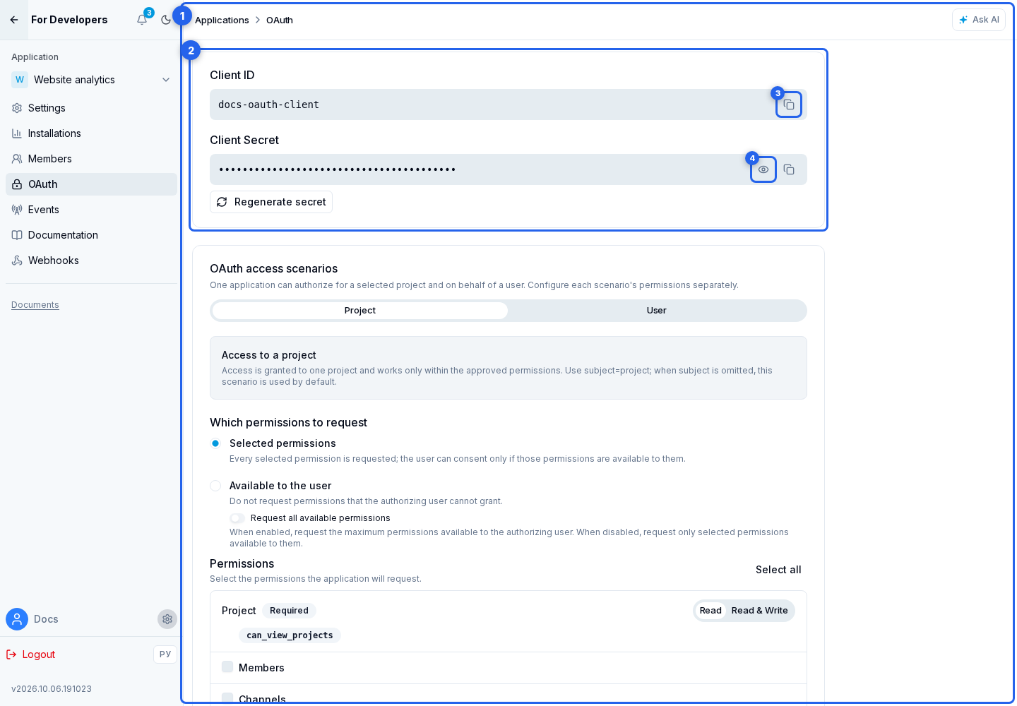 OAuth Settings. Highlighted elements: 1. OAuth item; 2. OAuth credentials; 3. Copy Client ID; 4. show or hide