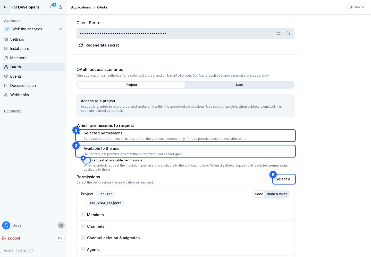 OAuth Permissions. Highlighted elements: 2. Selected permissions; 3. Available to the user; 4. Request all available permissions; 5. Select all and Deselect all