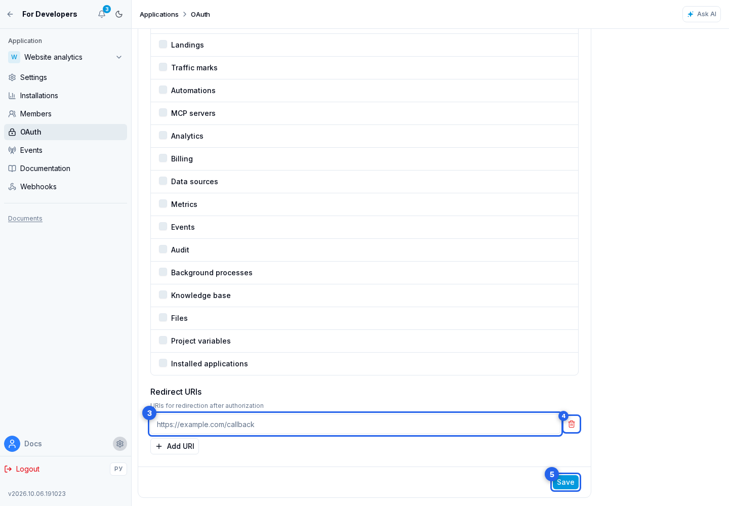 OAuth Settings. Highlighted elements: 3. return address; 4. remove; 5. Save