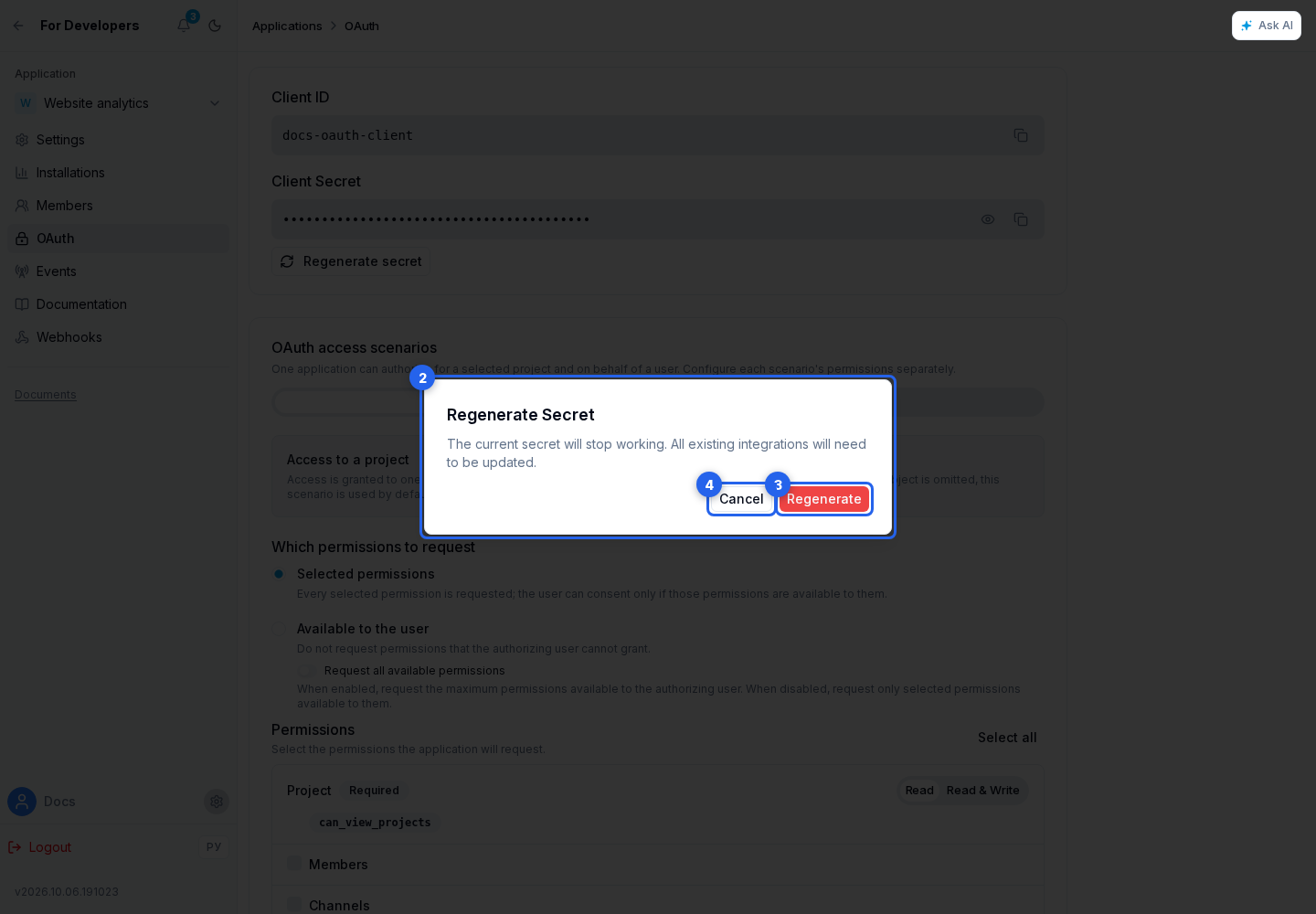 OAuth Settings. Highlighted elements: 2. confirmation dialog; 3. Confirmation; 4. Cancel