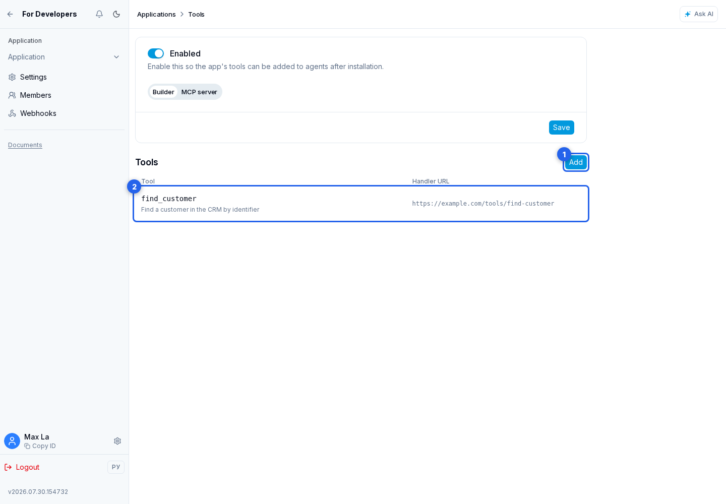 Agent tools. Highlighted elements: 1. Add; 2. tool in the list