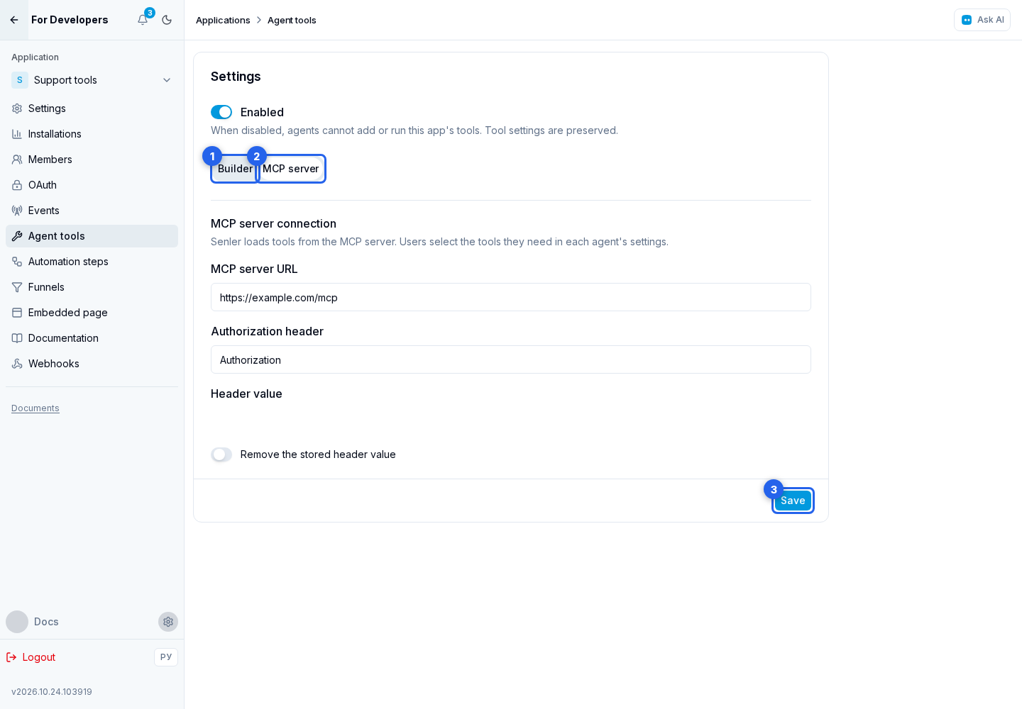 Agent tools. Highlighted elements: 1. Builder; 2. MCP server; 3. Save