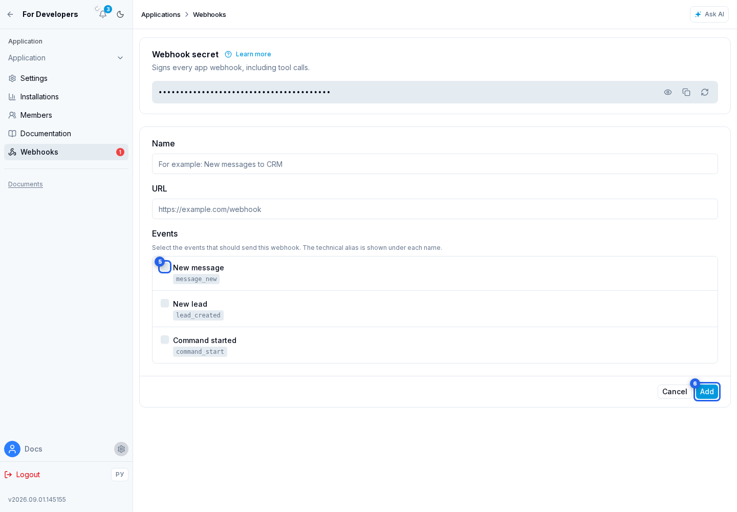 Creating a webhook. Highlighted elements: 5. event types; 6. Create