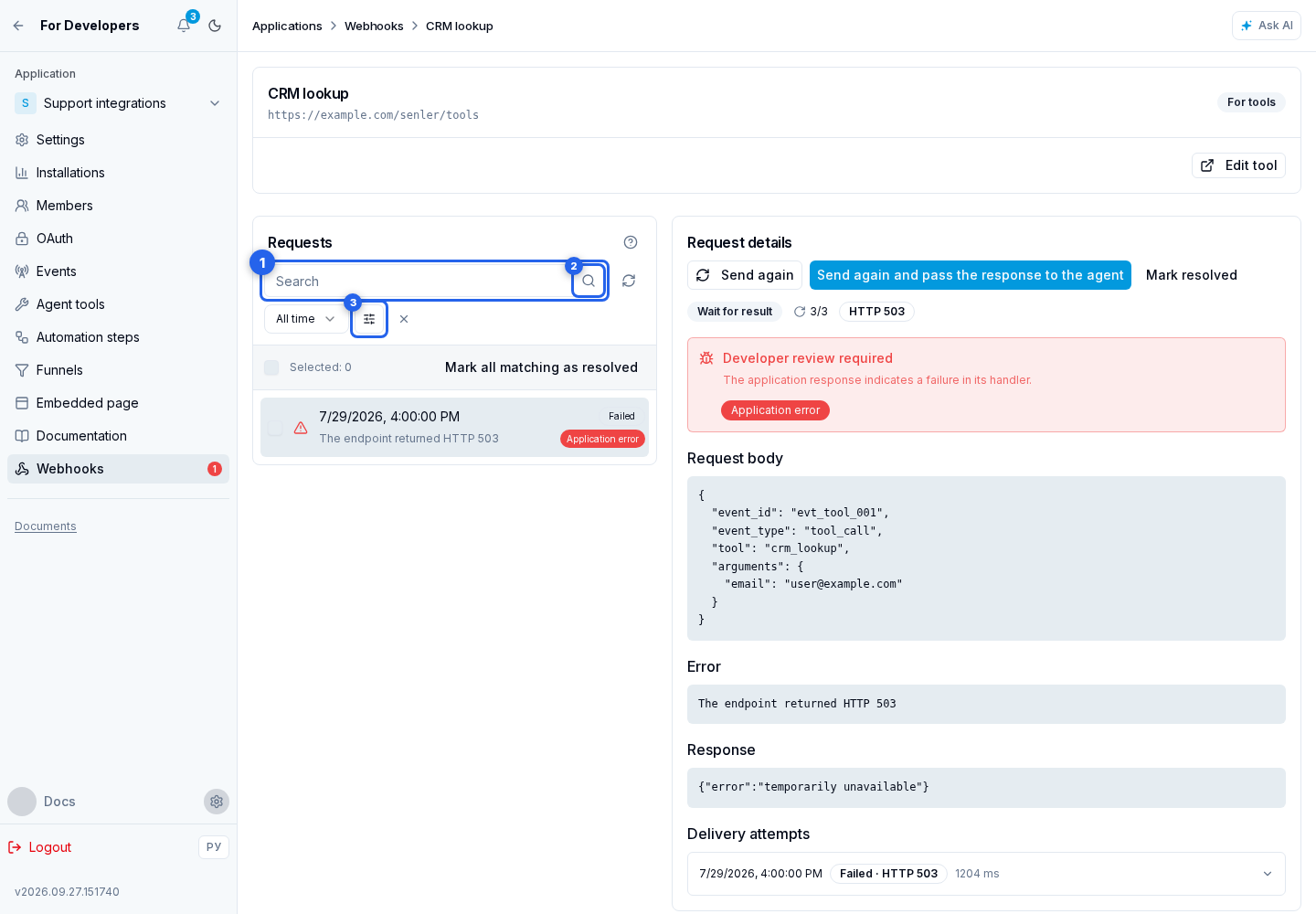 Webhooks. Highlighted elements: 1. identifier field; 2. search button; 3. filter button