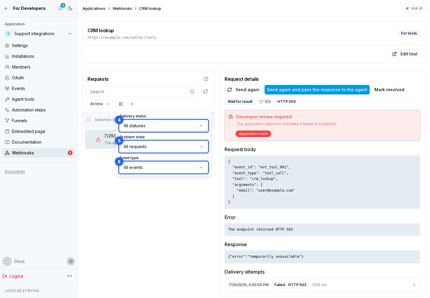 Webhooks. Highlighted elements: 4. delivery status; 5. problem state; 6. event type
