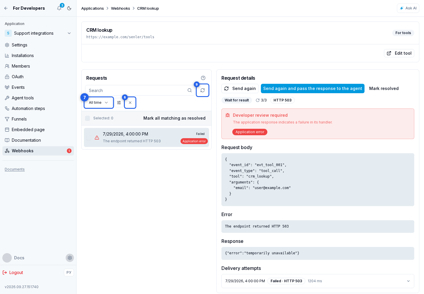 Webhooks. Highlighted elements: 7. period selector; 8. Reset filters; 9. refresh the list