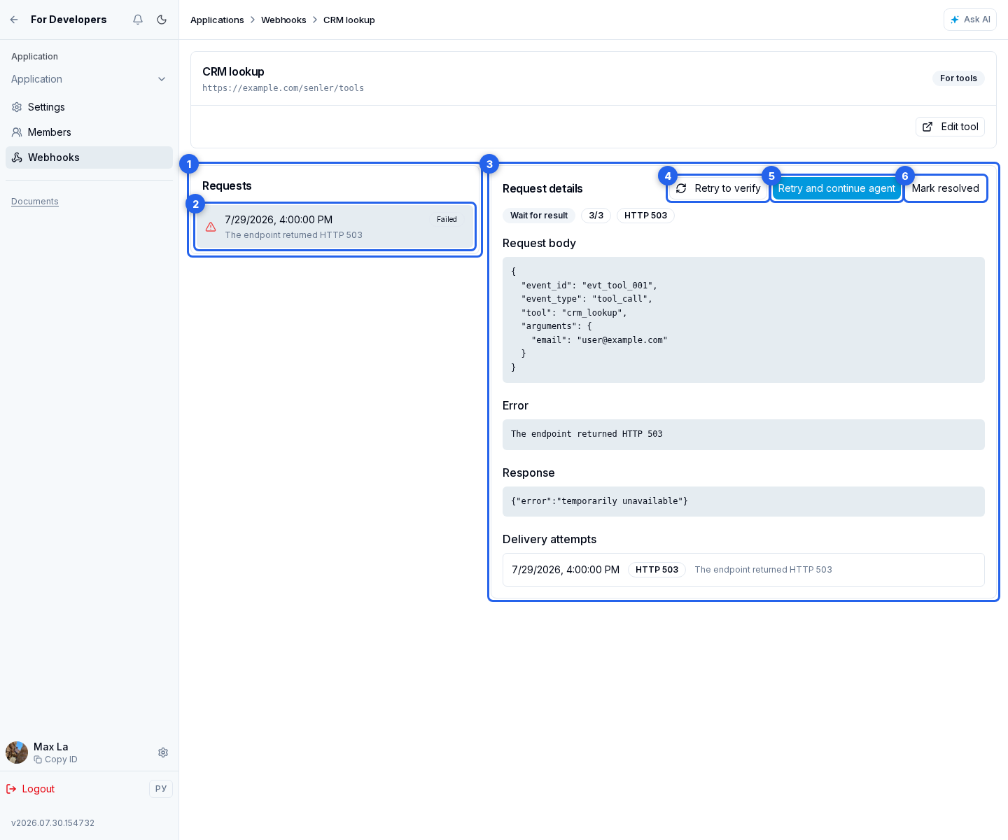 Delivery history and recovery. Highlighted elements: 1. Requests area; 2. operation; 3. specific attempt; 4. Retry; 5. Retry and continue; 6. mark the problem as resolved