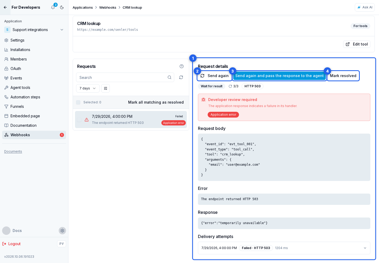Retrying and resolving an incident. Highlighted elements: 1. request details; 2. Send again; 3. Send again and pass the response to the agent; 4. mark the problem as resolved
