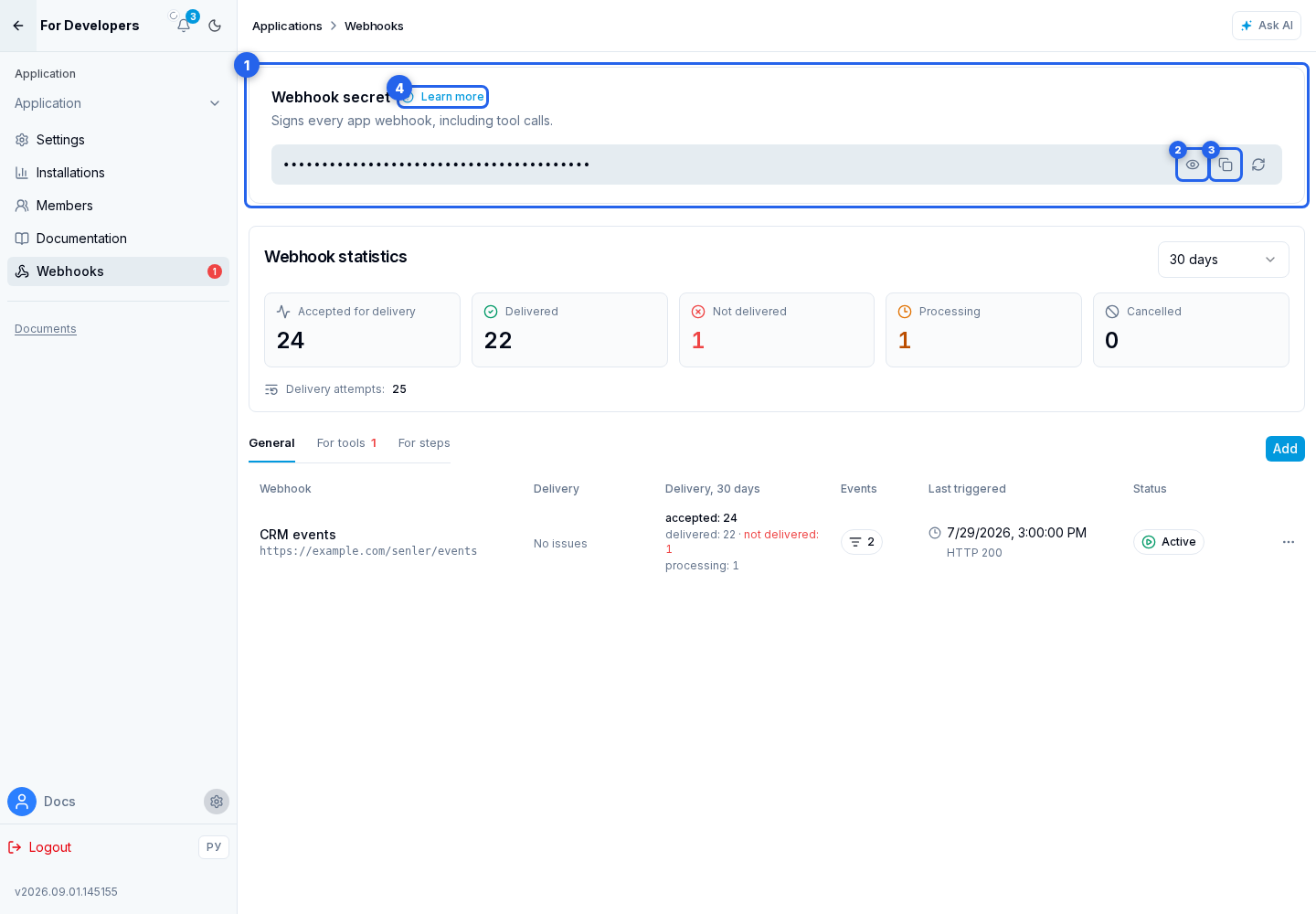 Secret and signature. Highlighted elements: 1. Webhook secret section; 2. show or hide it; 3. copy it; 4. Learn more