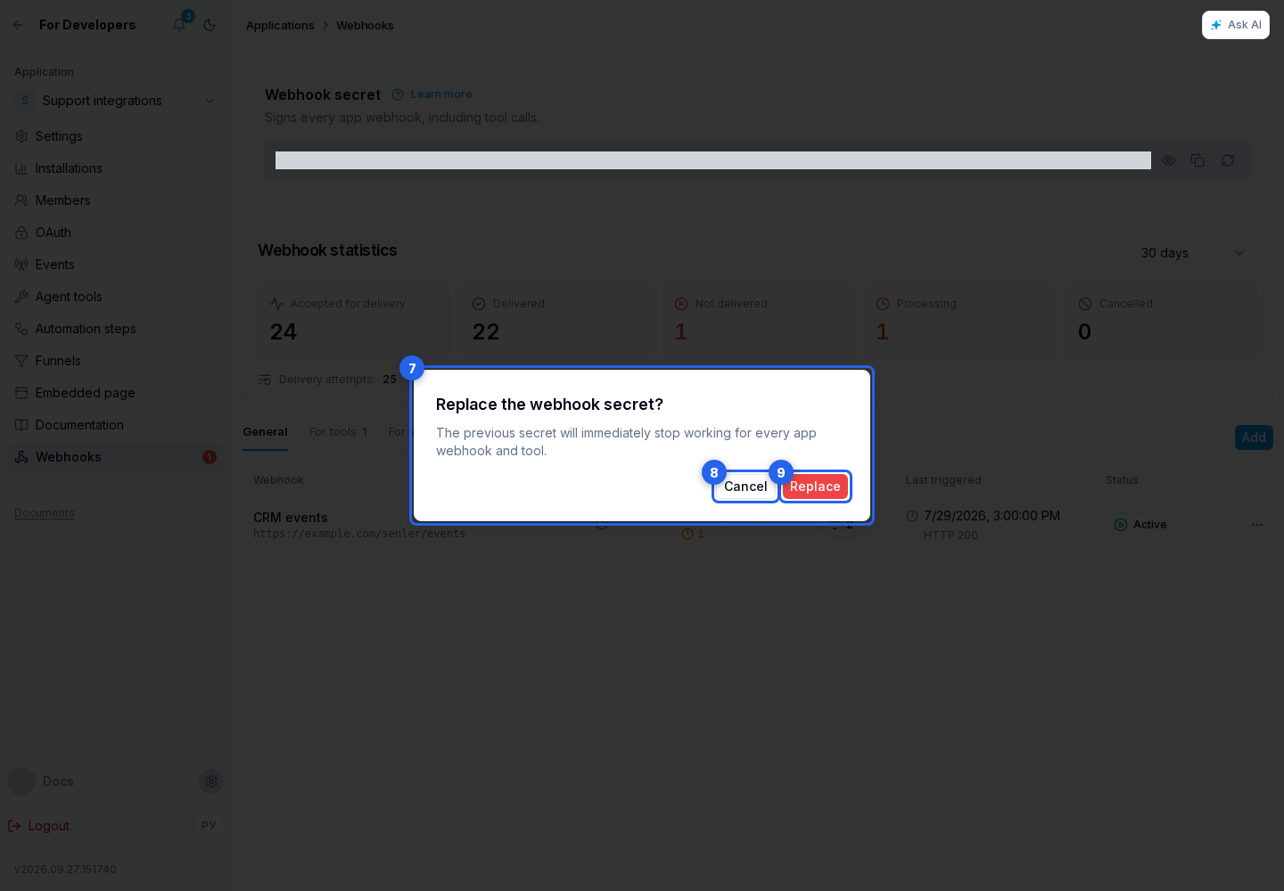 Secret and signature. Highlighted elements: 7. confirmation dialog; 8. cancel; 9. confirm the replacement