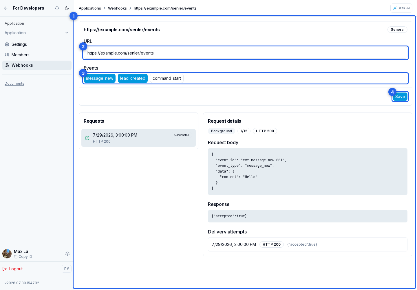 Managing and replacing a secret. Highlighted elements: 1. webhook page; 2. URL; 3. public event set; 4. Save