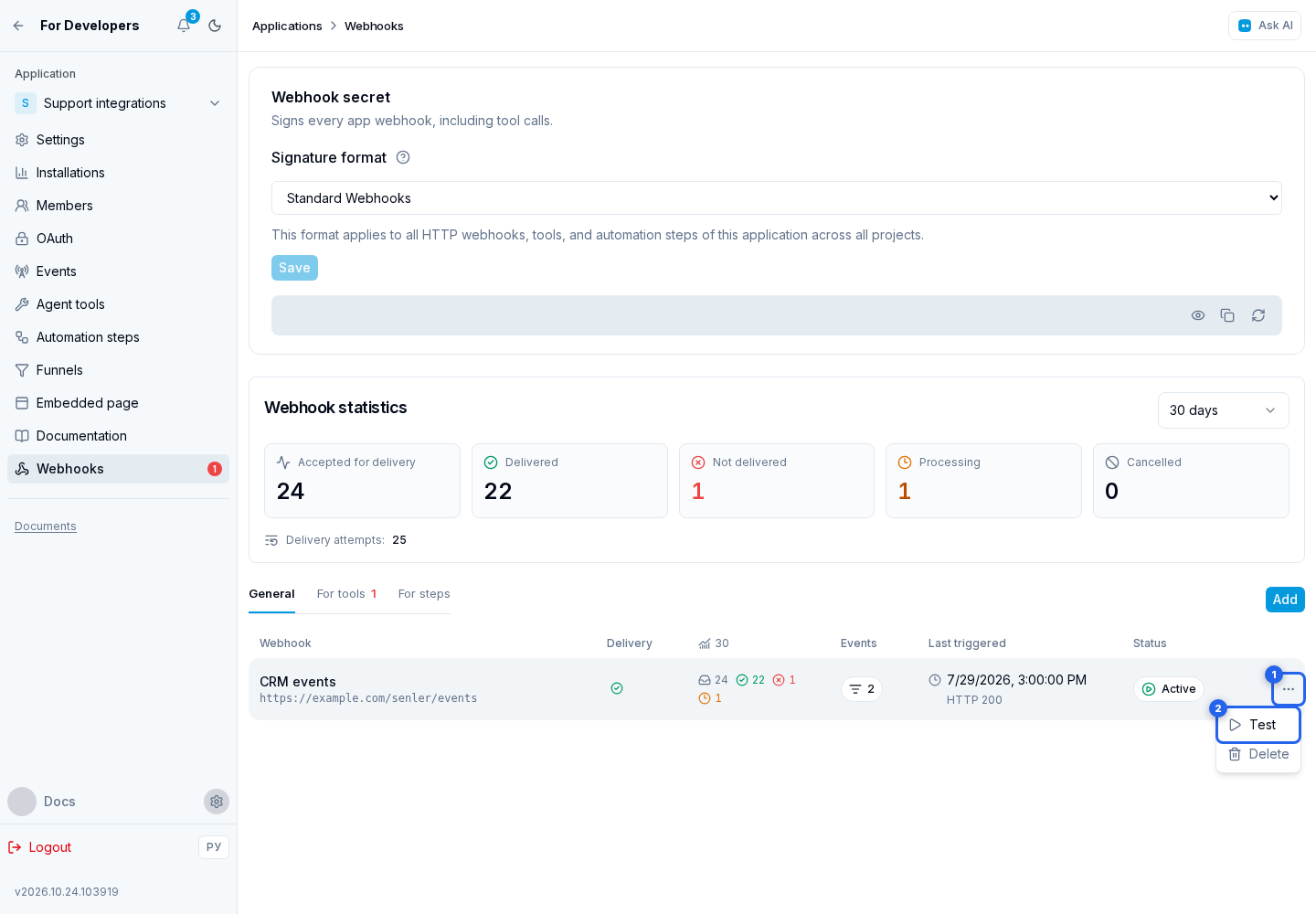 Webhooks. Highlighted elements: 1. actions menu; 2. Test