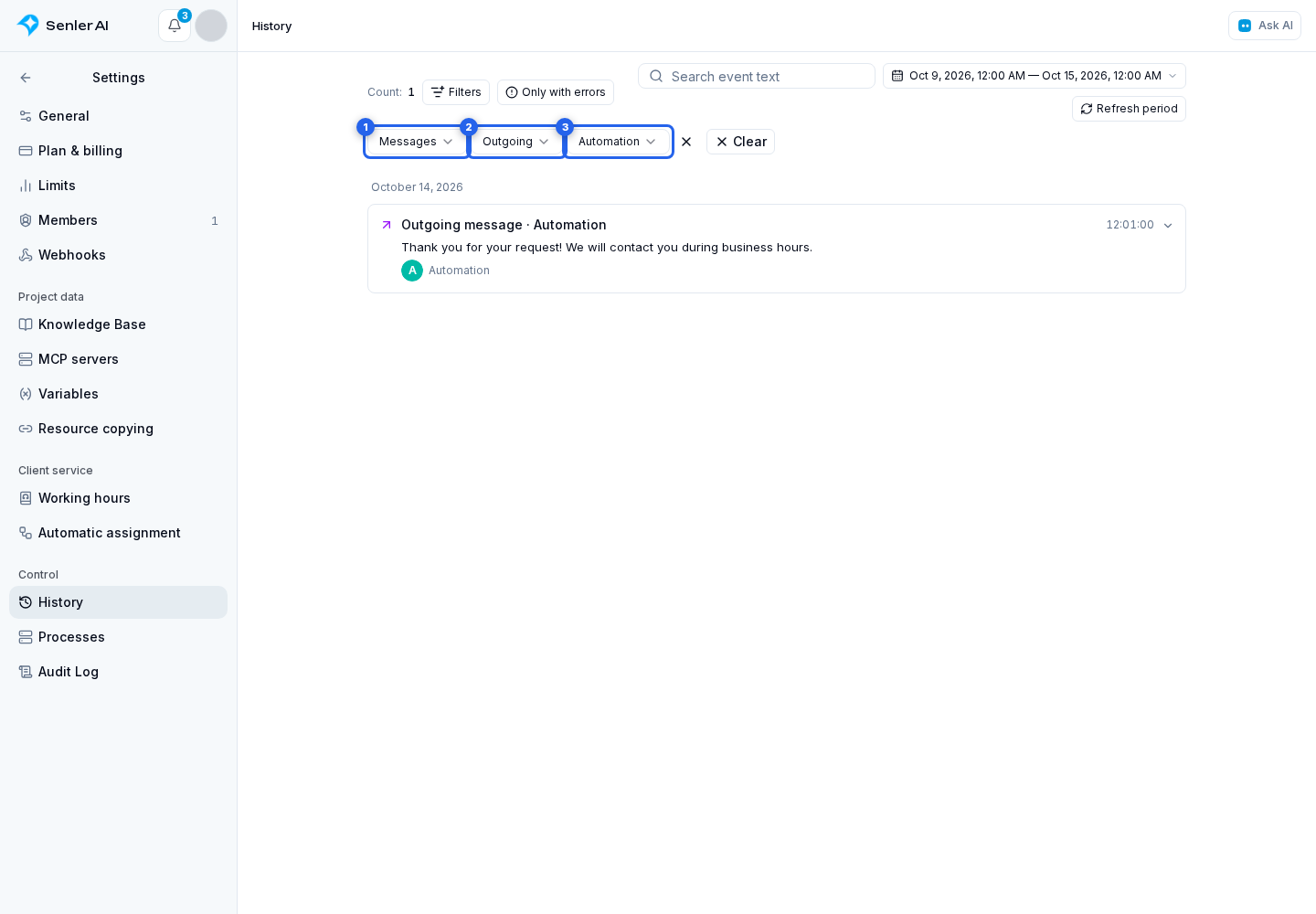 How to find an event. Highlighted elements: 1. event type; 2. direction: all, incoming, or outgoing; 3. sender: AI agent, operator, automation, or another project source
