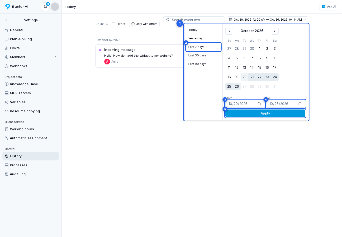 History. Highlighted elements: 1. calendar; 2. preset; 3. From; 4. To; 5. Apply