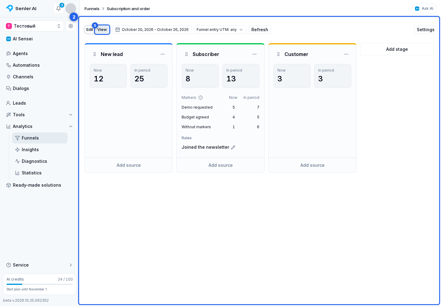Funnels. Highlighted elements: 2. page with stage columns; 3. “View”