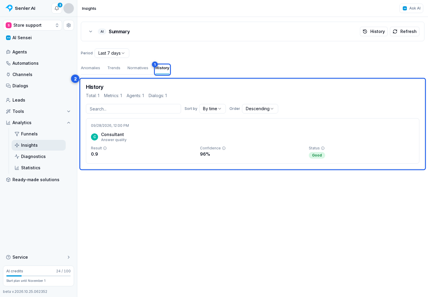 Metrics History. Highlighted elements: 1. History tab; 2. Metric history