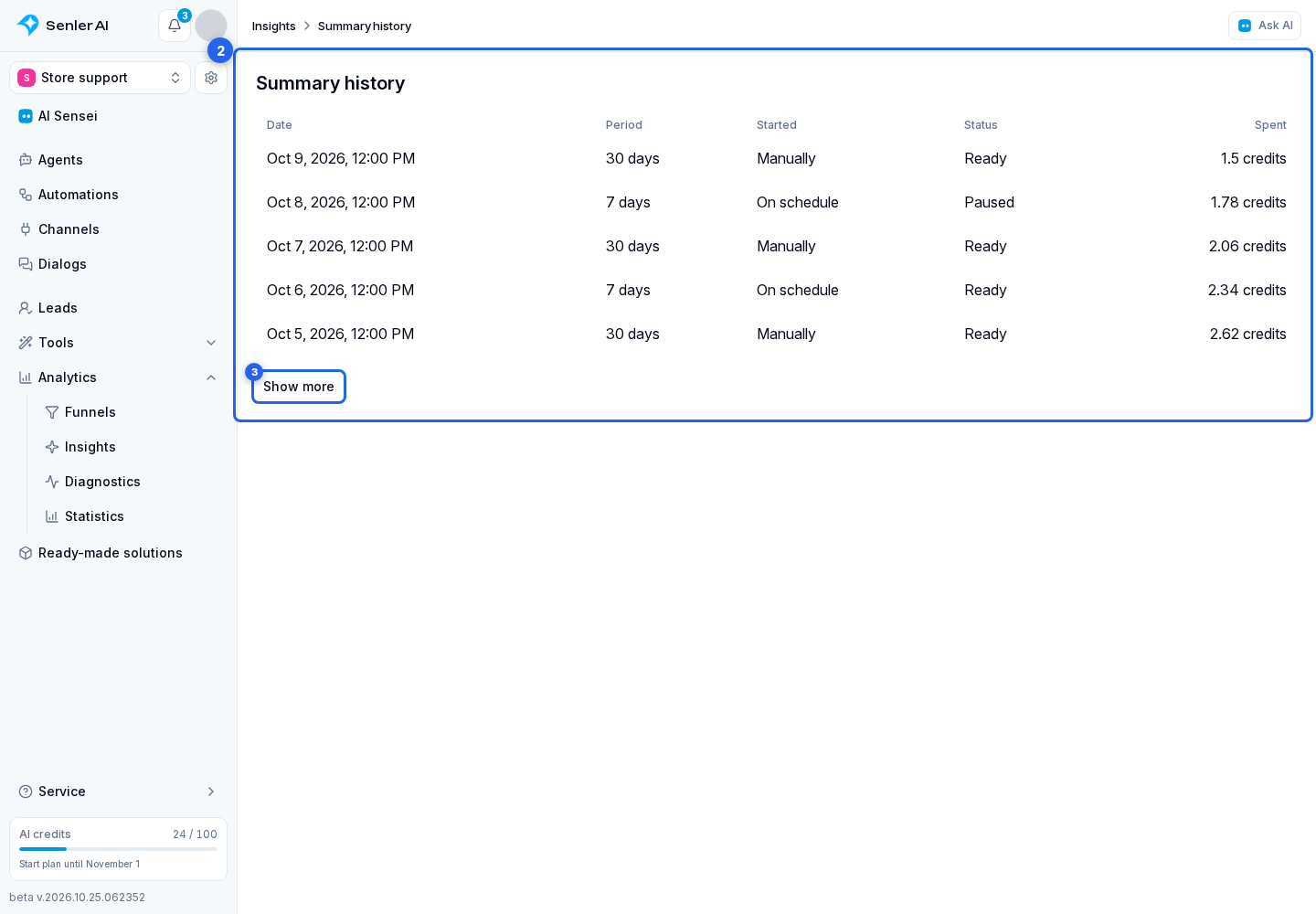 Summary history. Highlighted elements: 2. history page; 3. Show more