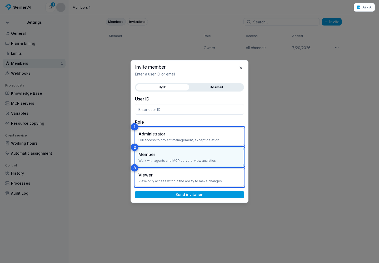 Member invitations. Highlighted elements: 1. Administrator; 2. Member; 3. Viewer