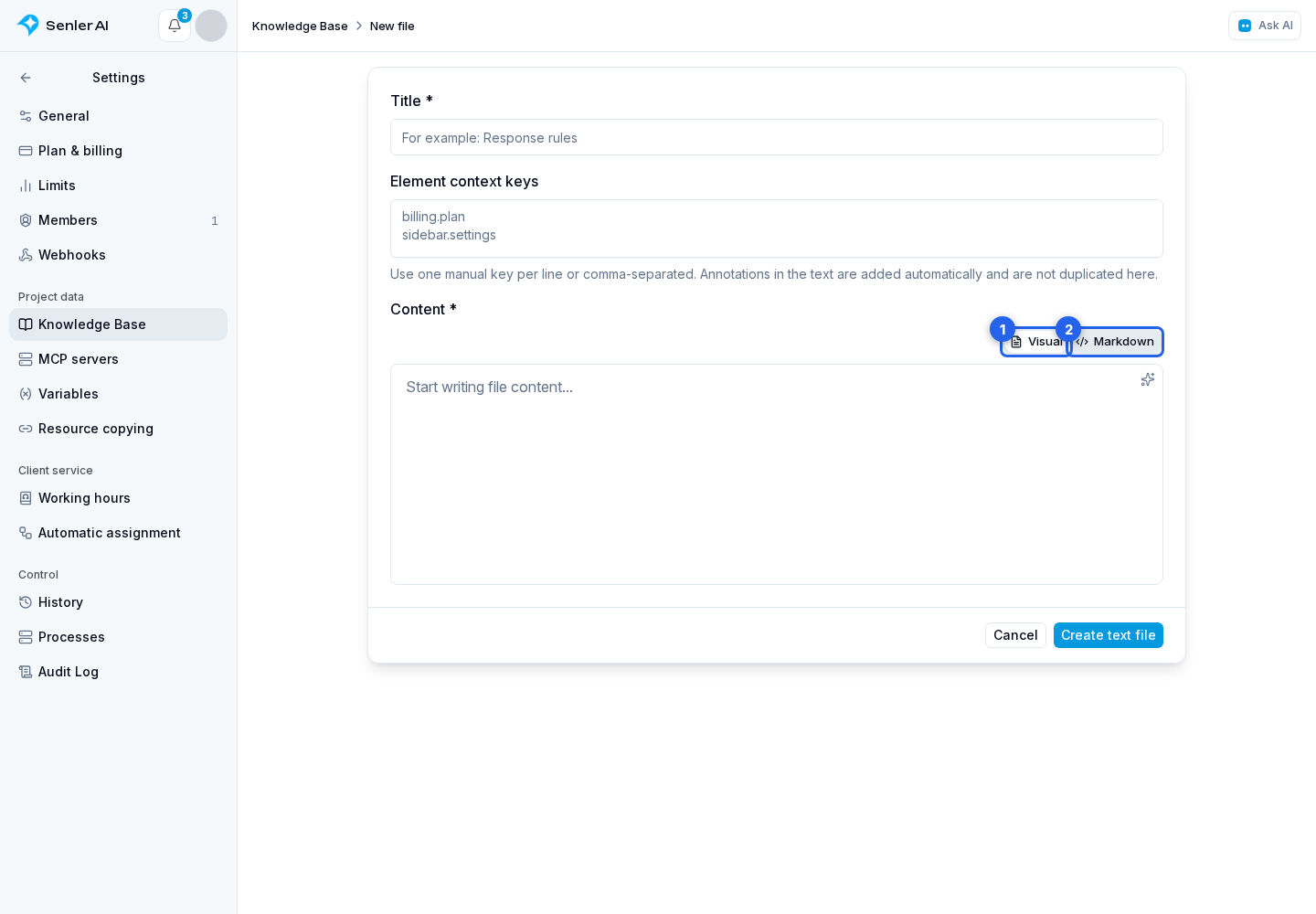 Text Documents. Highlighted elements: 1. Visual; 2. Markdown mode