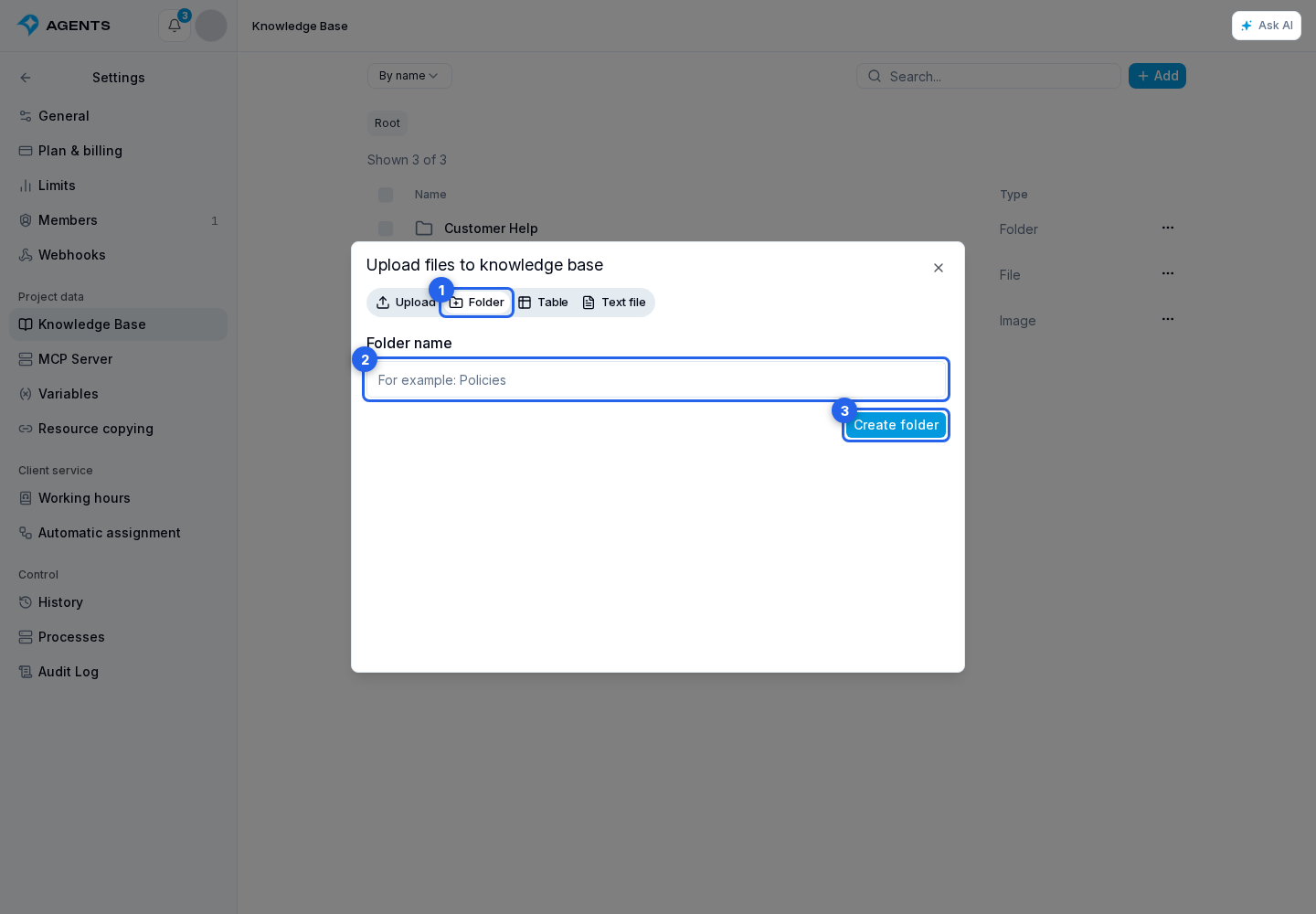 Folders. Highlighted elements: 1. Folder tab; 2. clear name; 3. Create folder