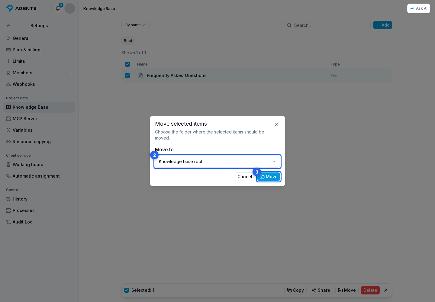 Managing Materials. Highlighted elements: 2. destination folder; 3. move button