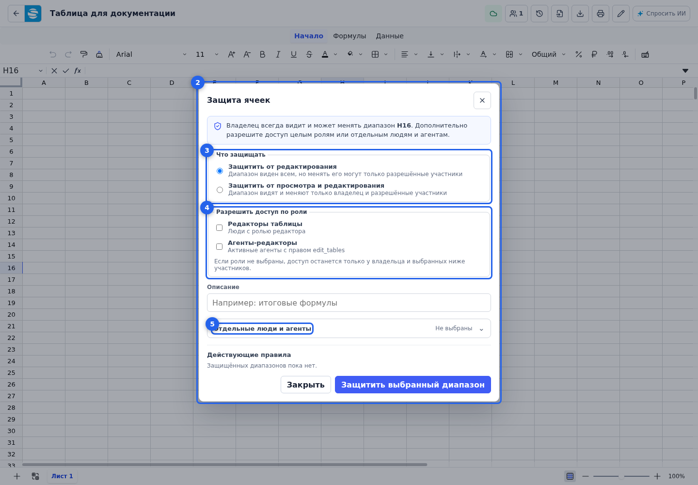 Protecting a range. Highlighted elements: 2. Cell protection dialog; 3. protection mode section; 4. role access; 5. Individual people and agents