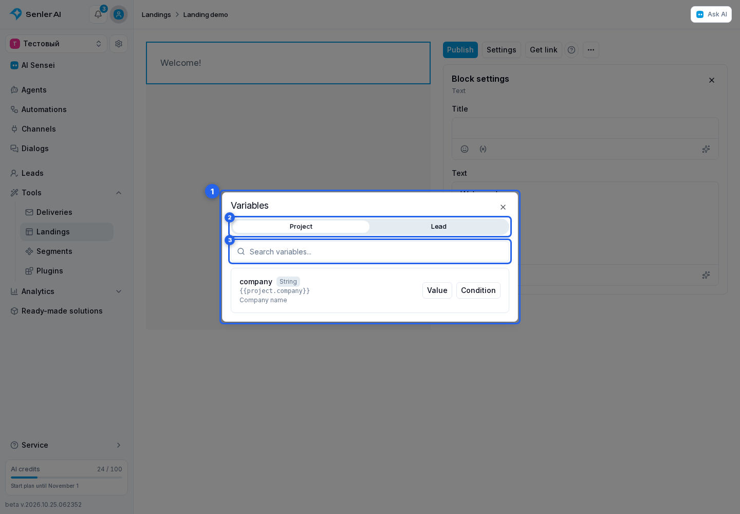 Variables in text. Highlighted elements: 1. variable picker; 2. Project or Lead tab; 3. search