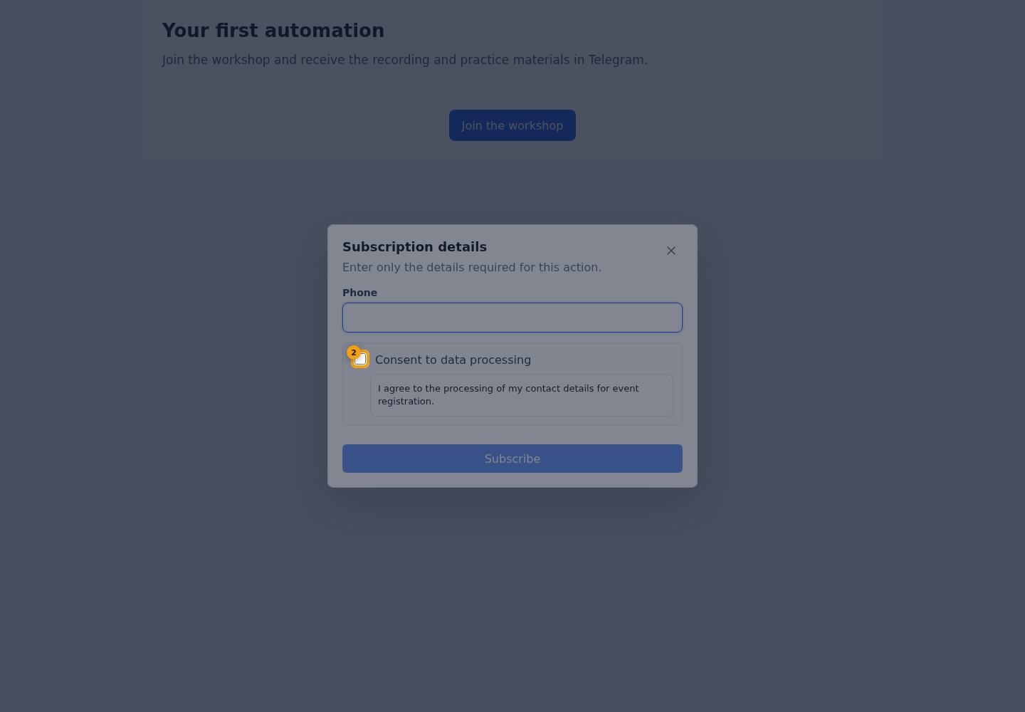 What the visitor sees. 2. consent checkboxes