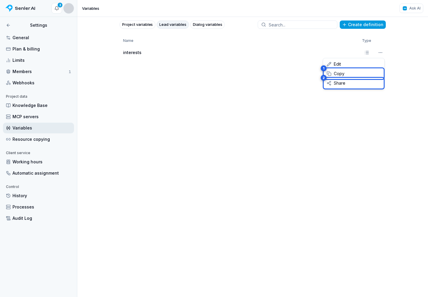 Lead variable definitions. Highlighted elements: 1. copy; 2. share by link
