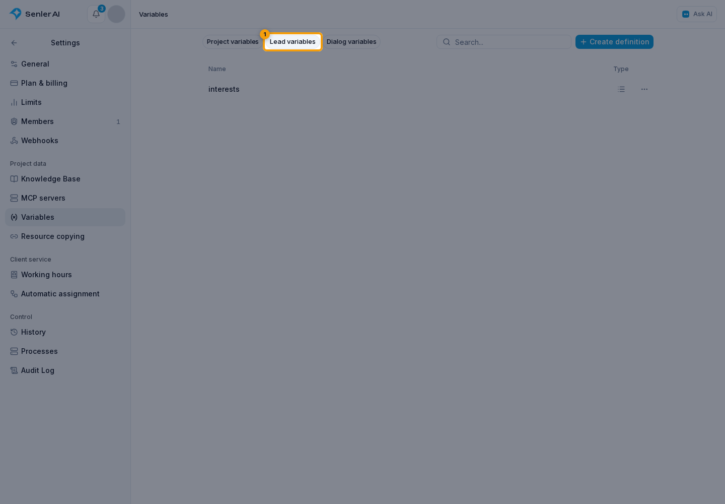 Lead variable definitions. 1. Lead variables tab