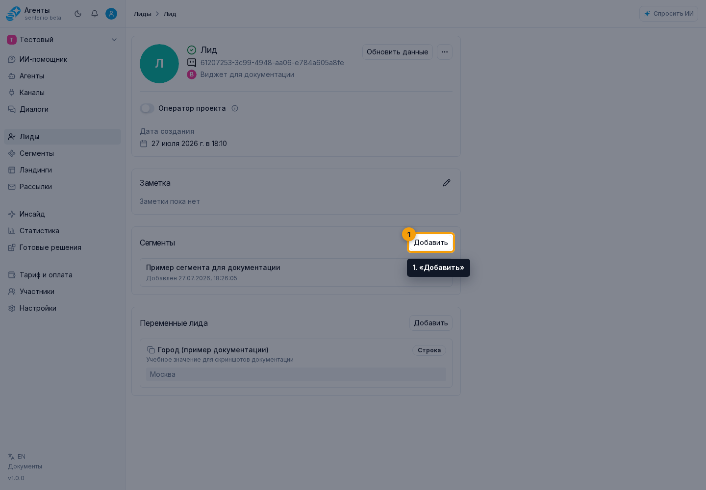Сегменты лида и согласия. Шаг 1: 1. «Добавить»