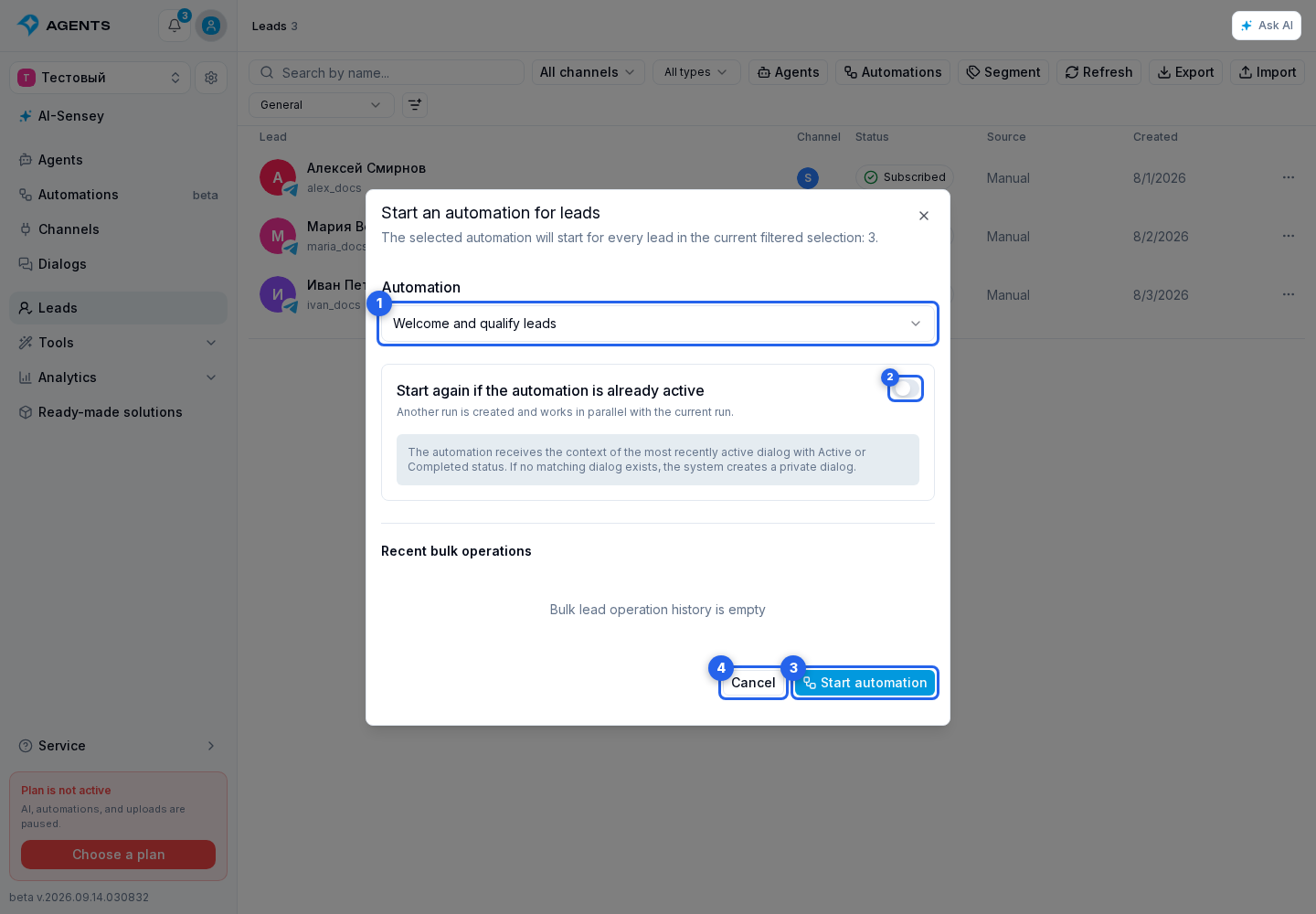 Lead List, Search, and Filters. Highlighted elements: 1. automation; 2. Start again if the automation is already active; 3. Start automation; 4. Cancel