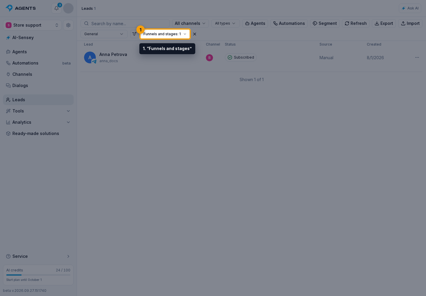 Lead List, Search, and Filters. 1. “Funnels and stages”