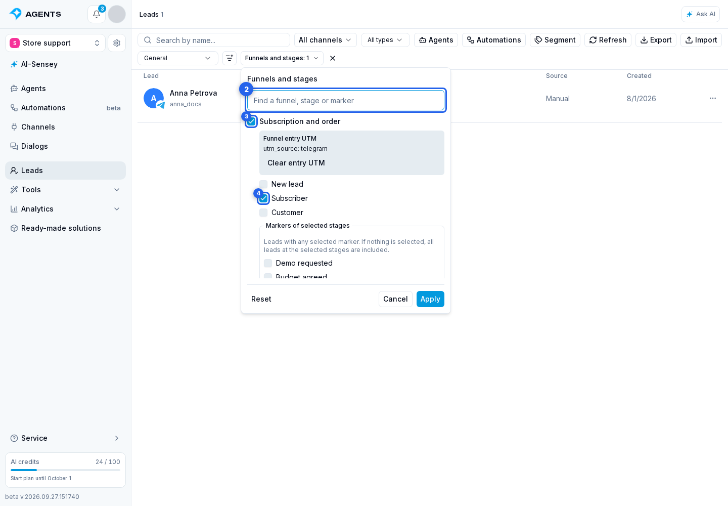 Lead List, Search, and Filters. Highlighted elements: 2. search by name; 3. funnels; 4. stages