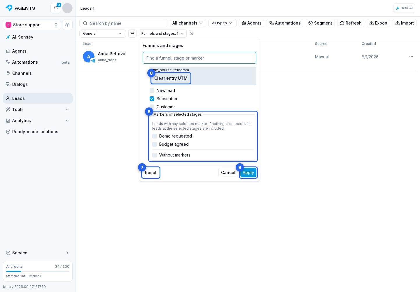 Lead List, Search, and Filters. Highlighted elements: 5. marker list for the selected stages; 6. “Apply”; 7. “Reset”; 8. “Clear entry UTM”