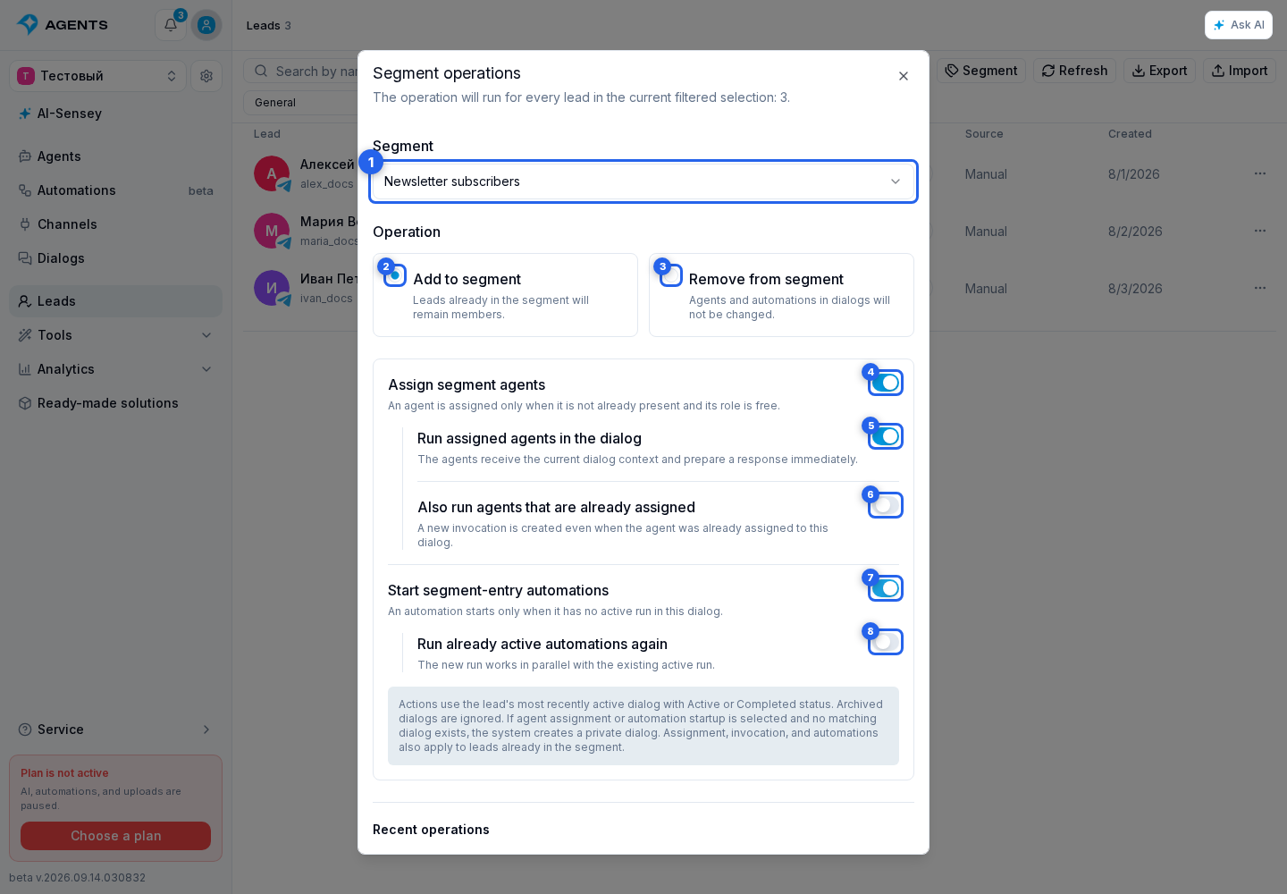 Lead List, Search, and Filters. Highlighted elements: 1. active segment that allows manual changes; 2. Add to segment; 3. Remove from segment; 4. Assign segment agents; 5. Invoke assigned agents in the dialog; 6. Also invoke already assigned agents; 7. Start segment-entry automations; 8. Start already active automations again