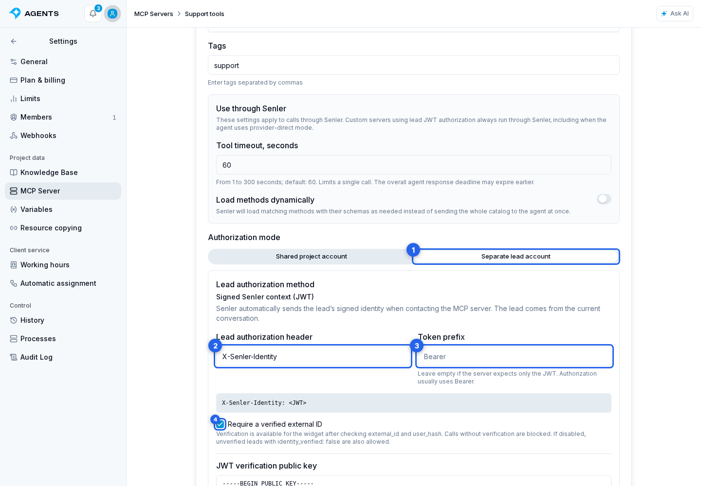 Lead JWT for a Custom MCP. Highlighted elements: 1. Separate lead account; 2. Lead authorization header; 3. Token prefix; 4. Require a verified external ID