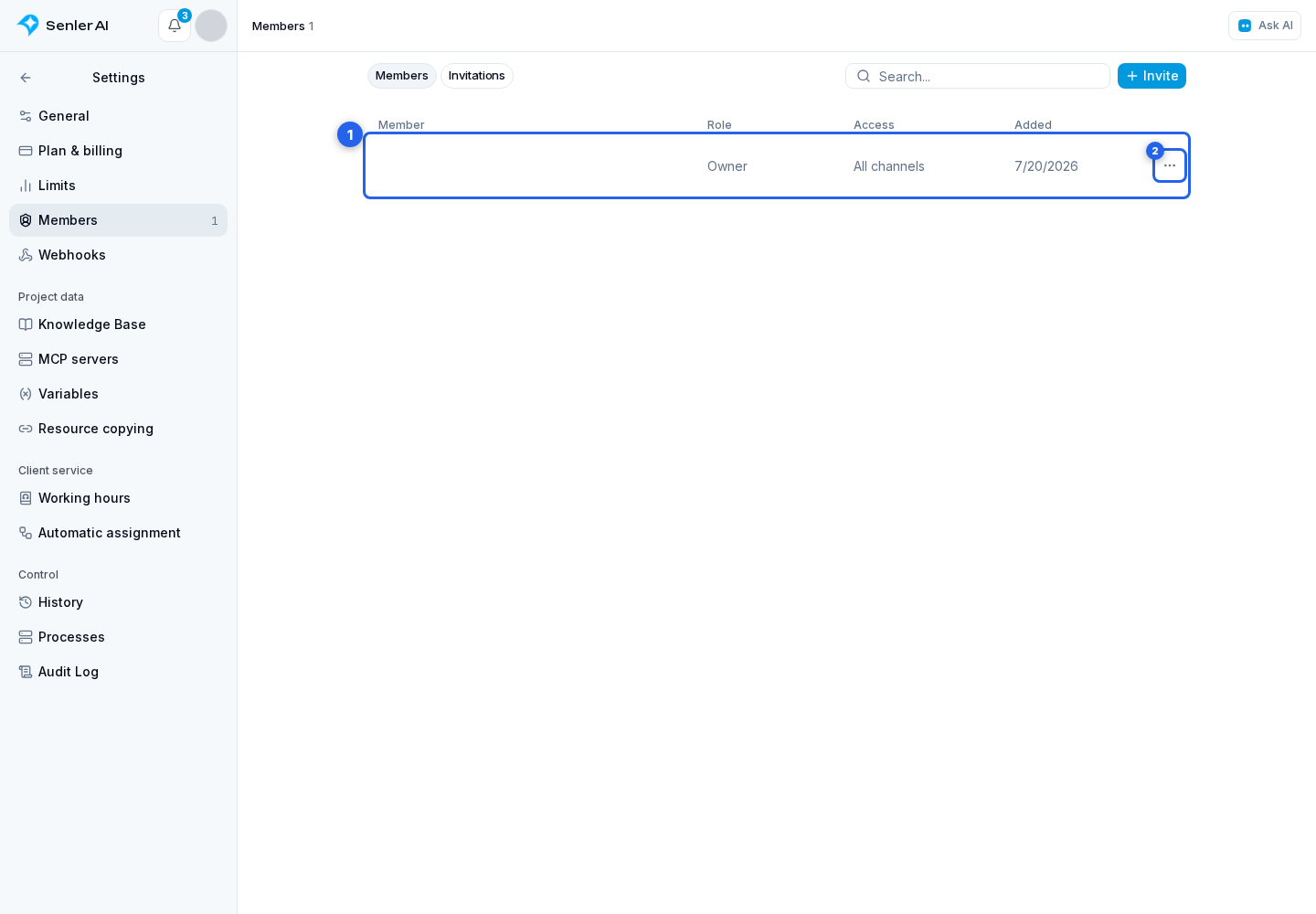 Member roles and access. Highlighted elements: 1. the required person's row; 2. three-dot menu in their row