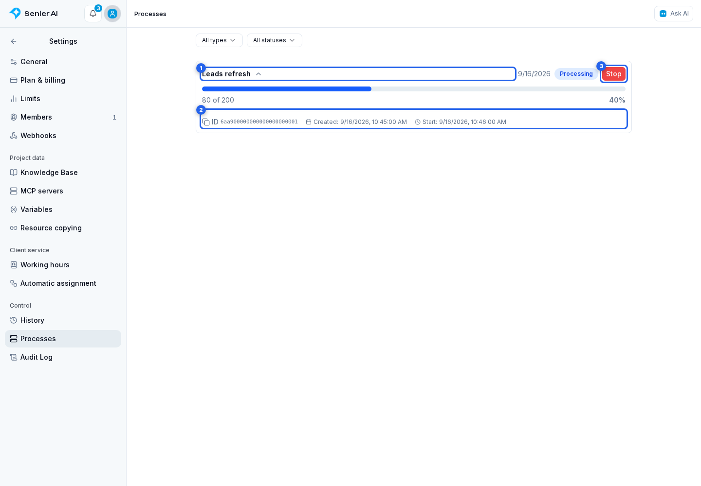 Processes. Highlighted elements: 1. process card; 2. details; 3. Stop