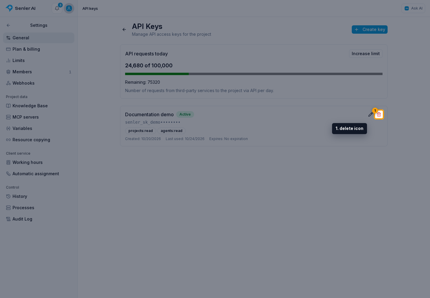 Project API keys. 1. delete icon
