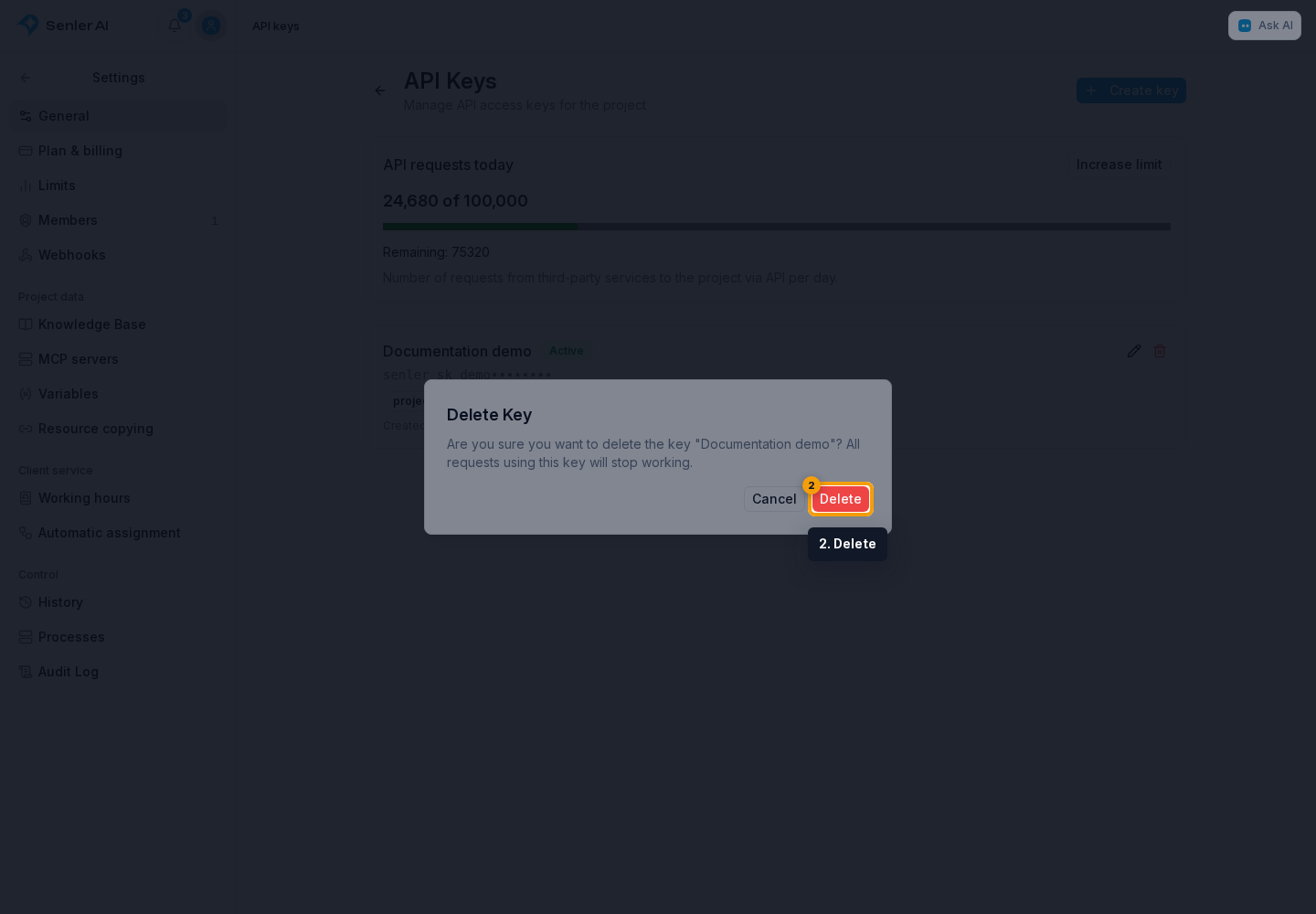 Project API keys. 2. Delete